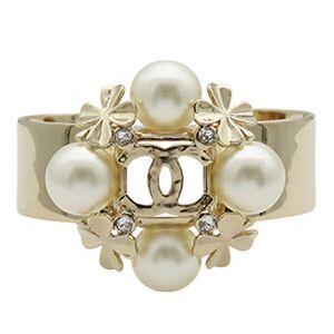 Chanel Cc Gold Plated Faux Pearl Clover Cuff Bracelet
